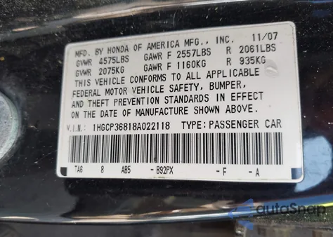 2008 Honda Accord 3.5 Ex-L из США, поврежденный, VIN 1HGCP36818A022118